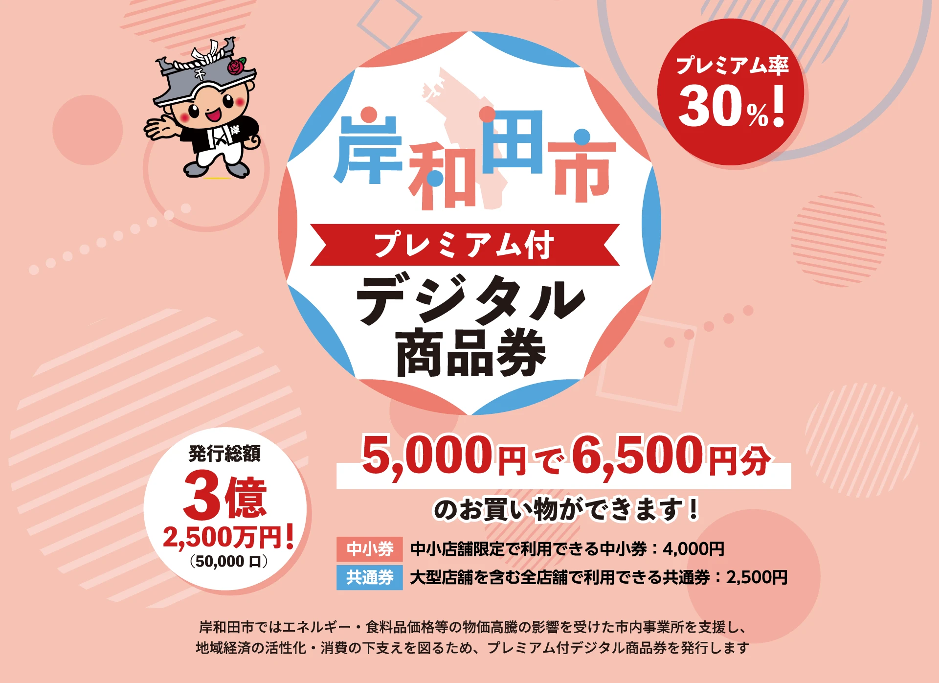 岸和田市 プレミアム付デジタル商品券 5,000円で6,500円分のお買い物ができます!